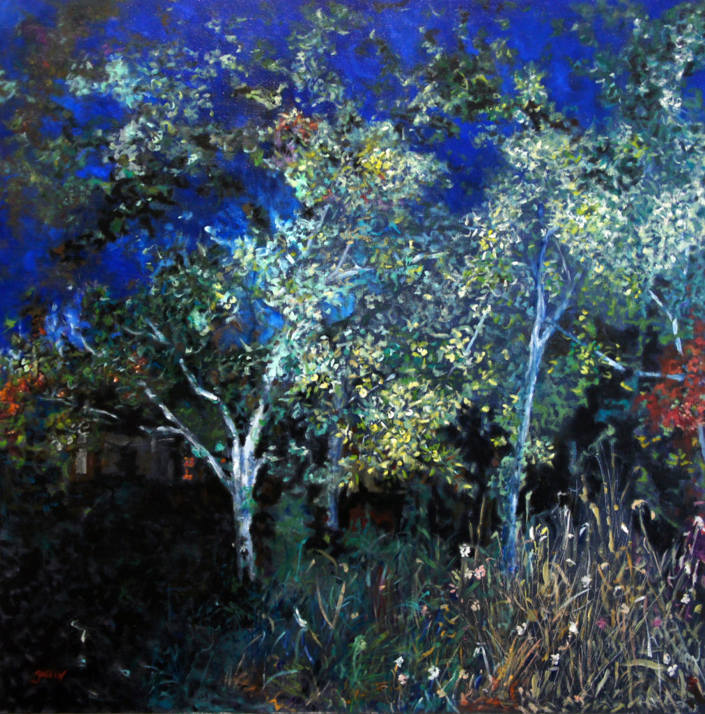 Heure bleue1 100 x 100 cm présentation à la biennale de Florence 2019 pour l'anniversaire de Léonardo Da Vinci. les heures bleues une sérrie entre le jour et la nuit; révélation des couleurs. gestuelle spontanée, écriture picturale