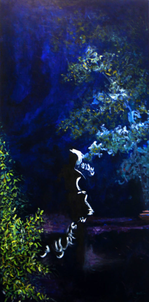 série bleue, le moment où le jour se couche, autoportrait à la ligne blanche et la silhouette noire.