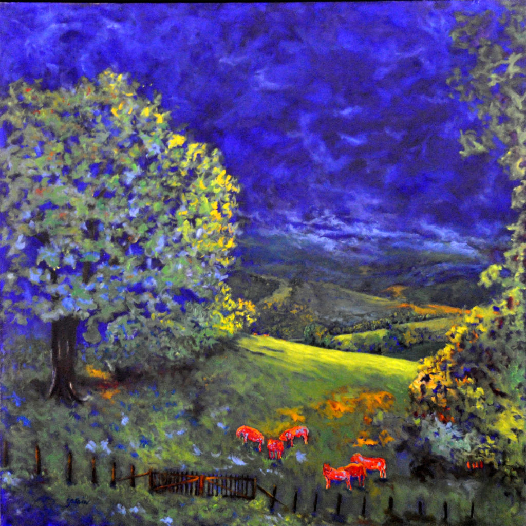 Paysage aux vaches rouges
huile sur toile, 2017, 80 X 80 cm
claire de lune paysage scène intime avec clôture et vaches rouges vers un lointain.
