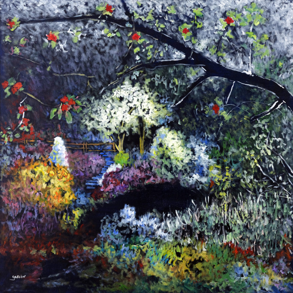 Paysage de nuit à la branche fleurie, clôture, escalier bleue, arbres blanc jumelé. huile sur toile, 2015, 80 x 80 cm.