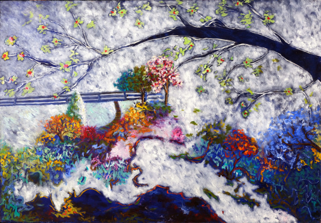 paysage enneigé, clôture, petit escalier, branche bleue noire.
huile sur toile, 2000, 116 X 81 cm.