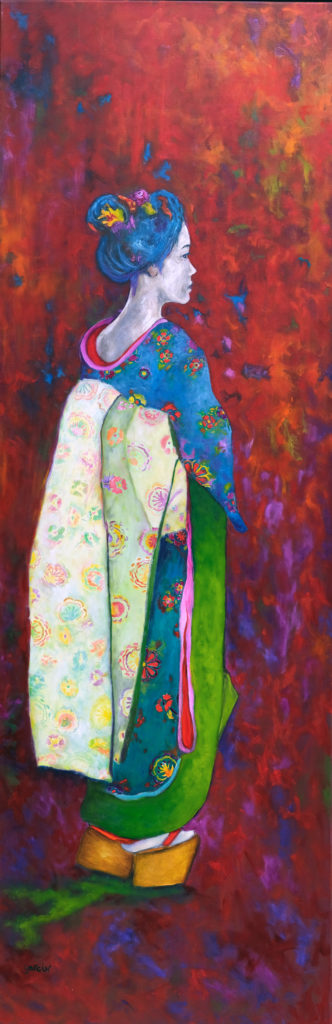 Geisha ombre verte, 2017, huile sur toile 150 X 50 cm
