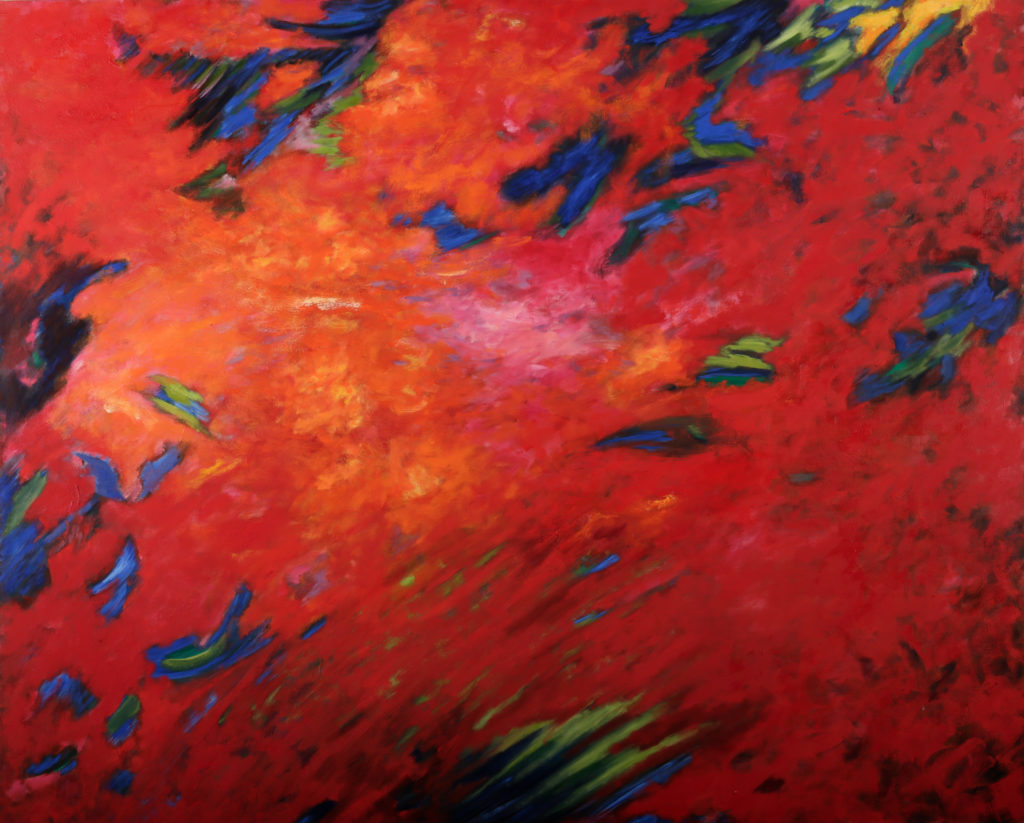 Paysage rouge, bleu vert, huile sur toile 162 X 130 cm