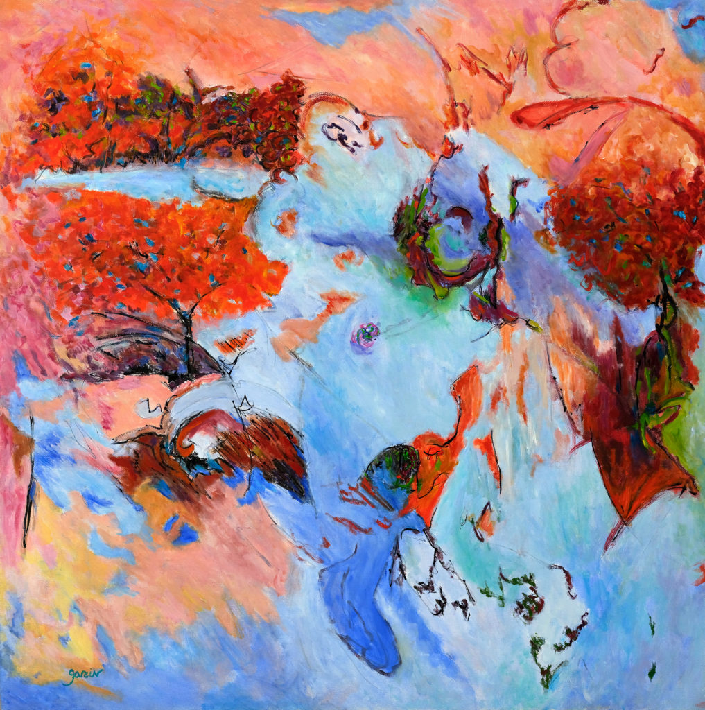 Paysage orange-bleu, huile sur toile 80 X 80 cm