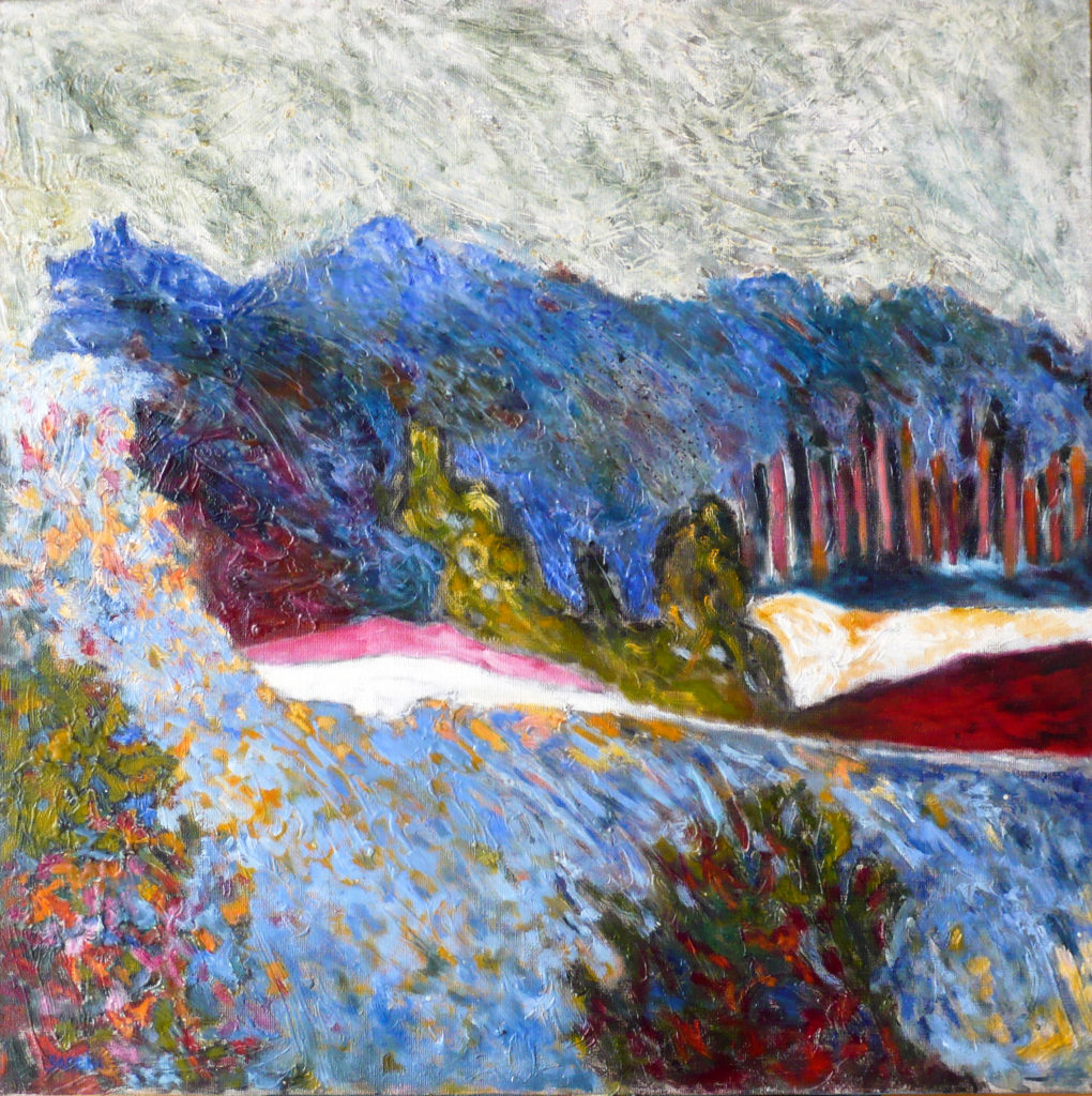 Forêt bleue tache blanche rose, huile sur toile 80 x 80 cm