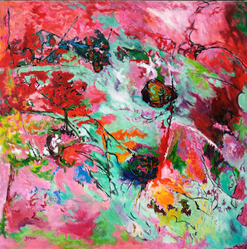 Paysage rouge-vert, huile sur toile 80 X 80 cm