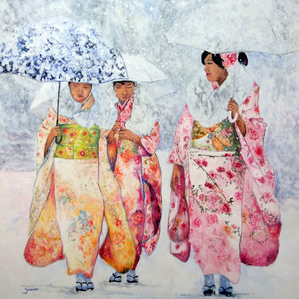 3 Geishas sous la neige, 2017, huile sur toile 120 x 120 cm.