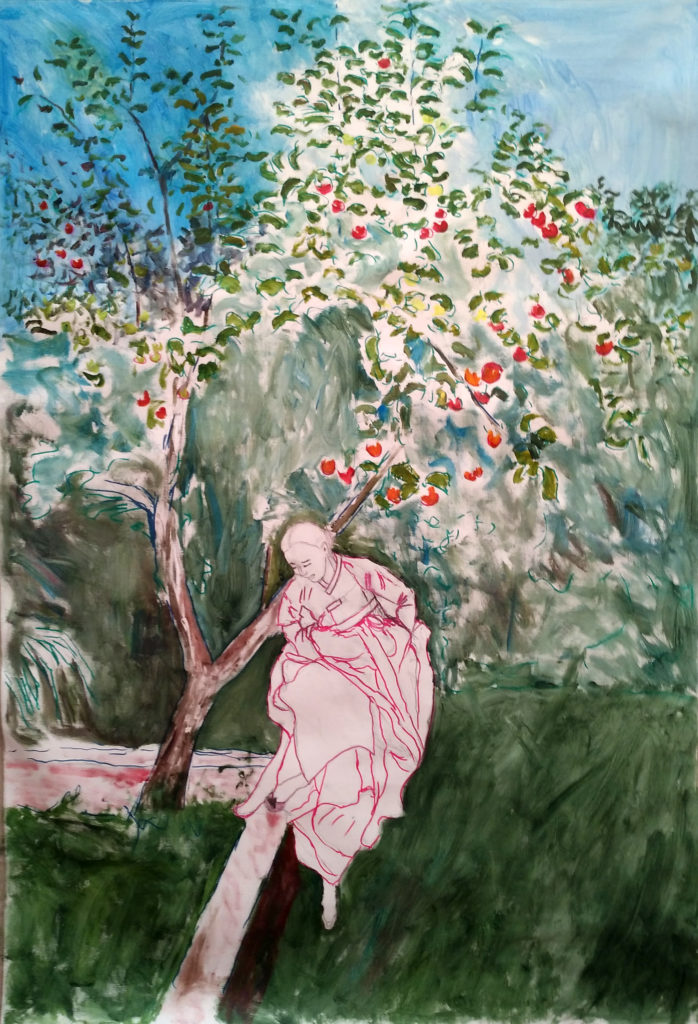 carnet de croquis artiste croquis « Origines », 2021, huile sur toile 155 X 105 cm, Jean Louis Garcin, Paysage ciel bleu nuit, jardin, pommier, femme tunique bleu clair en robe nacrée regarde son soulier.