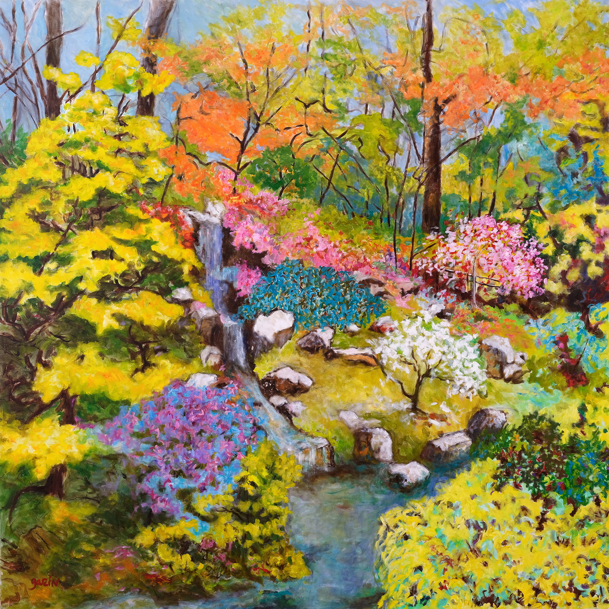 paysage cascade, 2019, huile sur toile 130 X 130 cm