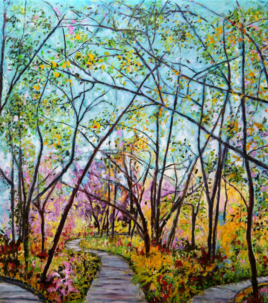 artiste Jean Louis Garcin, titre « sous bois aux trois pontons», huile sur toile 100 X 100 cm, 2025. un sous bois avec trois pontons partant dans des directions différentes. ciel bleu, une multitudes d'arbres, un sol verdoyant aux couleurs chatoyantes. Paysage, sous bois, nature, beauté, poésie, écosystème.