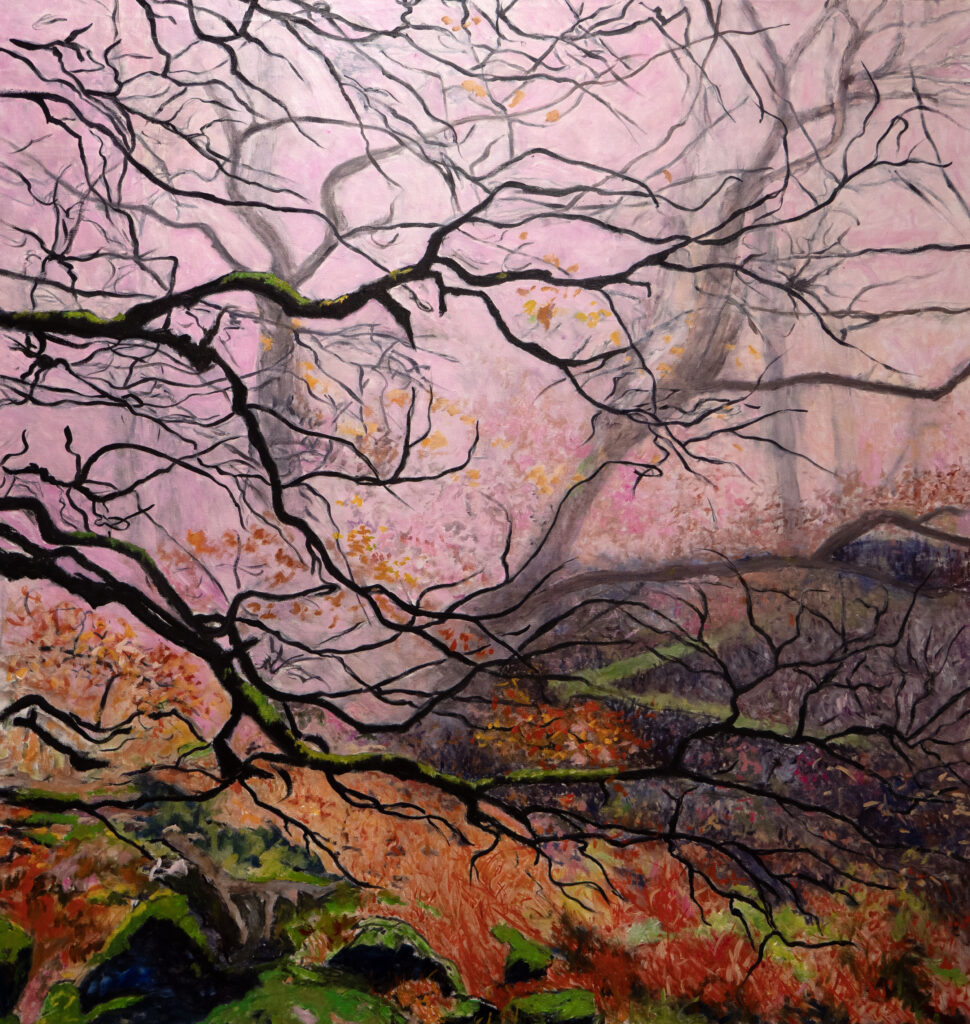 huile sur toile, paysage 114 X 120 cm
branche noire, deux troncs d'arbre gris, fond rose ,premier plant roche plus mousse verte.