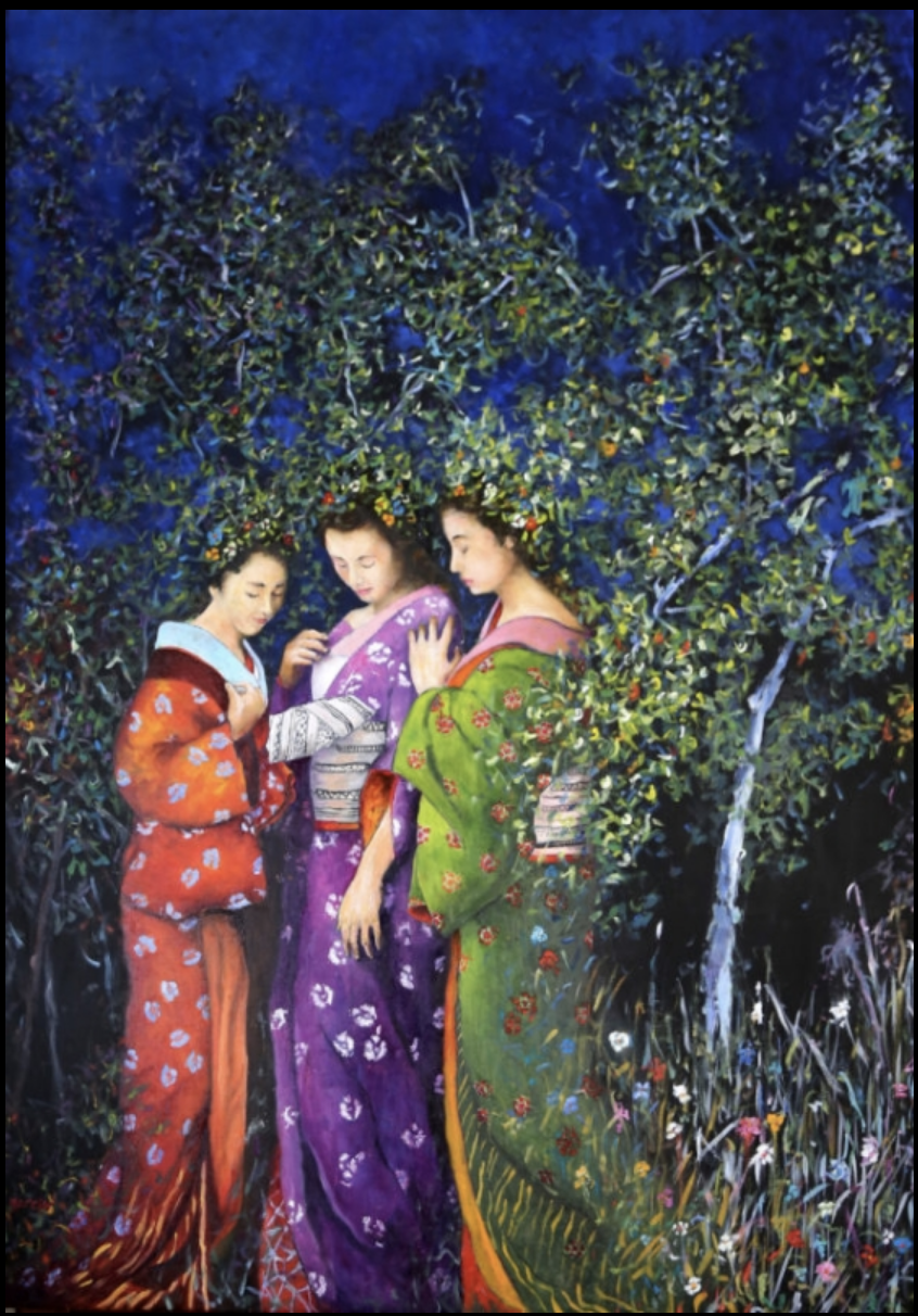 SECRET huile sur toile, 152 x 112 cm, 2019 Secret Dans la douceur de la fin du jour, nous voilà toutes les trois réunies. Enfin le calme et la communion silencieuse nécessaire à notre sororité si magnifique. Nos paupières baissées ne permettent plus que notre lumière intérieure pour tout éclat. Nos cœurs battants retrouvent leur harmonie délicate et magique. Je sens le leur frapper au rythme du mien. Aucune dissonance dans cette tendresse respectueuse. Une écoute unanime et vibrante de ce que chacune ressent et partage sans un mot. Elles me font confiance comme moi j'ai foi en elles. Seul le bruissement des tissus s'élève parfois, quand, dans un frisson, nos doigts sensuellement se croisent. Et puis, à présent, respirer. Juste pour sentir nos souffles se mêler et nos airs se fondre dans l'heure bleue. Dans le secret de ce moment, je goûte une fois encore, la beauté de mes sœurs. Anaïs Vignères Dans cette œuvre majeure, Garcin convoque la tradition des Trois Grâces — figure tutélaire de la peinture occidentale depuis Botticelli — pour la déplacer vers un espace autre, nocturne et oriental. La trinité féminine est conservée, l'entrelacement des corps également, mais tout le reste est transformé : la nudité devient kimono, le ciel ouvert devient bosquet fermé, la lumière du jour devient nuit bleue. La composition est rigoureusement centrée — les trois figures forment un groupe dense, presque sculptural, que la végétation environnante resserre et protège. Le fond vert-bleu profond n'est pas un arrière-plan : c'est une présence active qui enveloppe, isole, crée un espace hors du monde. On ne peut pas entrer dans ce cercle. On ne peut qu'en être témoin. La palette joue sur trois couleurs souveraines — rouge, violet, vert — complémentaires et autonomes, qui ne se fondent pas mais coexistent dans une harmonie de tension. Chaque figure est un univers chromatique complet. C'est leur réunion qui produit l'accord. Les mains sont le vrai langage de l'œuvre — posées sur les épaules, effleurantes, à la fois protectrices et retenues. Elles disent la confidence, la proximité, la transmission de quelque chose d'essentiel. Les visages sont fermés, les regards tournés vers l'intérieur. Rien ne nous est adressé. Le titre Secret est le geste final du peintre — il nomme ce qu'il refuse de montrer. L'œuvre entière est construite autour de cette ellipse : quelque chose se passe entre ces trois femmes, dans ce jardin nocturne, à l'abri des regards. La peinture en crée le cadre et le silence. Elle n'en livre pas le contenu. C'est précisément cette retenue qui fait la force de l'œuvre — et qui la rend inoubliable.