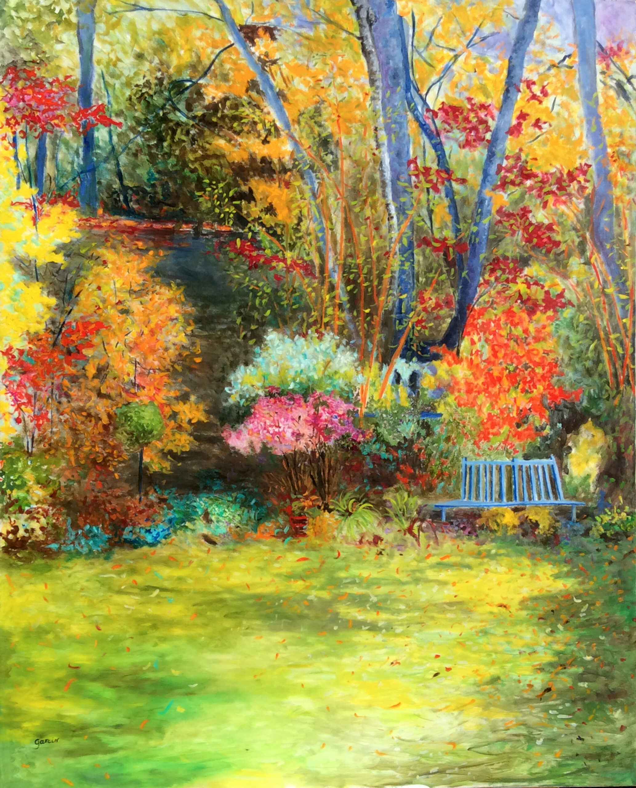 Paysage au banc, 2018, huile sur toile 160 X 130 cm.Grand paysage, peinture à l'huile sur toile. Automne, banc bleu, troncs d'arbres bleus. Feuilles en mouvement par le vent. Buissons aux couleurs chatoyantes.