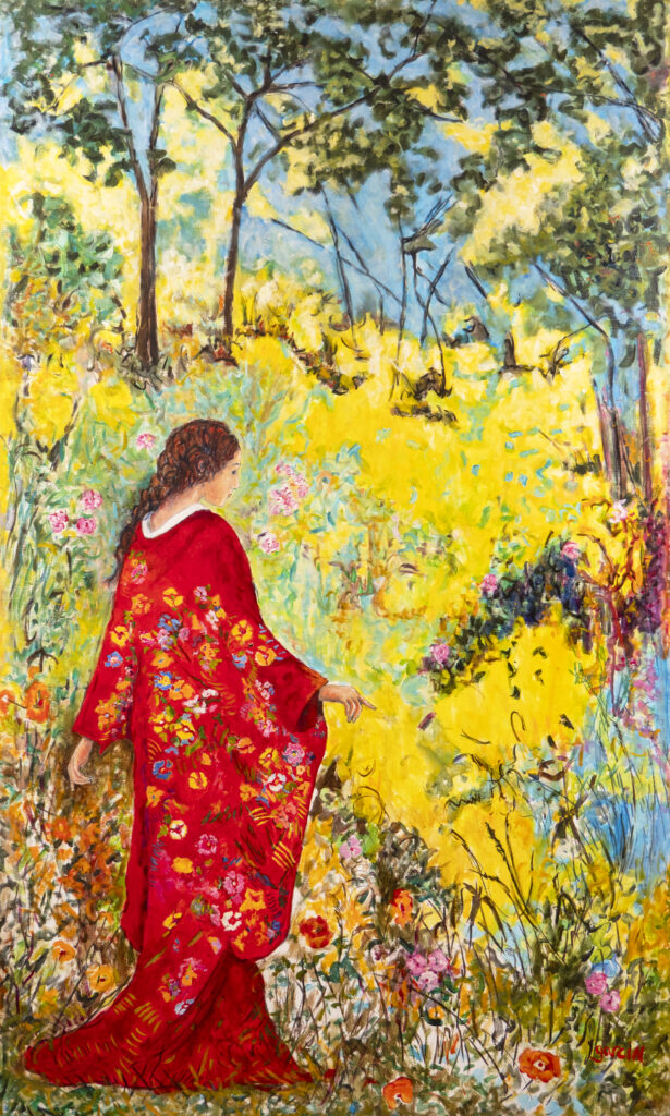 Vénus, 2019, huile sur toile, 150 × 90 cm 
Une femme de dos, enveloppée dans un kimono rouge somptueusement fleuri, se tient au seuil d'un jardin embrasé de jaune et d'or. Le format vertical et étroit accentue sa présence silencieuse, presque hiératique, tandis que son geste — la main qui semble effleurer ou désigner une fleur — introduit une touche de mouvement délicat dans cette pose autrement immobile.
Le choix du titre, Vénus, convoque la déesse de l'amour et de la beauté, mais dans un contexte résolument étranger à l'iconographie classique : point de nudité idéalisée, mais une figure vêtue, presque cachée sous les motifs floraux du tissu, de dos, le visage à peine esquissé de profil. C'est une Vénus contemporaine et pudique, dont la beauté se donne moins à voir qu'à deviner — dans la chute du vêtement, la courbe du dos, la douceur du geste.
Le kimono rouge, couvert de fleurs peintes avec un soin quasi méticuleux, contraste avec la touche large et vibrante du jardin alentour : c'est comme si la figure portait sur elle un jardin miniature, écho direct de celui qui l'entoure. Cette mise en abyme florale — les fleurs du tissu répondant aux fleurs du sous-bois — suggère une fusion entre la femme et la nature, comme si elle en était une émanation, une incarnation vivante.
Le sens de l'œuvre tient dans cette rencontre entre l'humain et le végétal, entre la Vénus mythologique et la femme ordinaire saisie dans un instant de contemplation : elle ne pose pas, elle regarde, elle avance dans le jardin comme on entre dans un rêve doré, et le rouge de sa robe — couleur de la vie, du désir, de la passion — devient le seul point d'ancrage charnel dans cette explosion de lumière végétale.